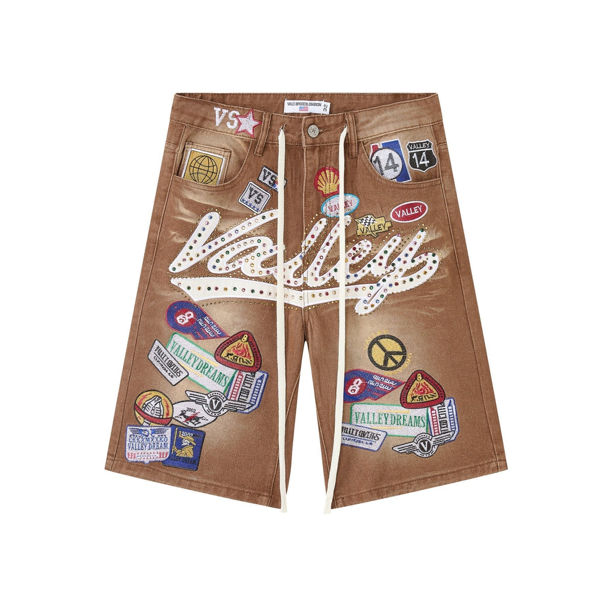 VALE 1980s Patch Rhinestone Denim Shorts — front